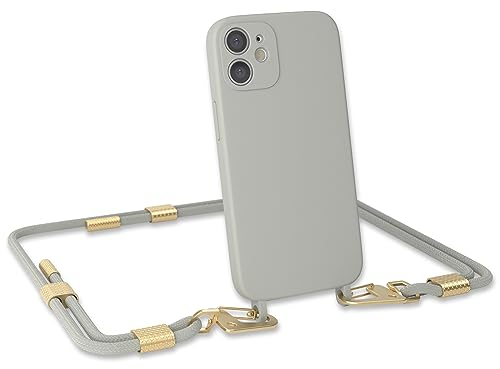 EAZY CASE - Handykette Silikon mit Clips 2 in 1 kompatibel mit iPhone 12 Mini Handyhülle mit Umhängeband, Handykordel mit Silikon, Hülle mit Band, Kette für Smartphone, Taupe - Clips Matt Gold