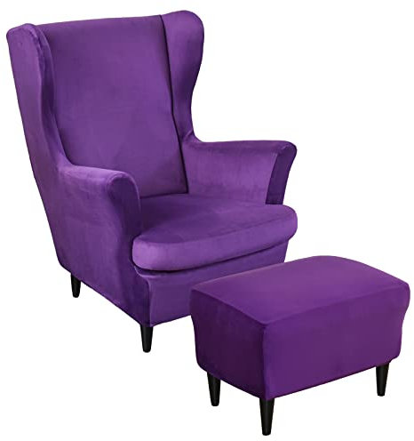 JHLD Samt Stretch Husse für Ohrensessel Mit Ottomane Schonbezug, Ohrensessel Schonbezug Mit Ottomane Bezug Mit elastischem Boden Sesselbezug Für Hunde -Violett-3 Stück
