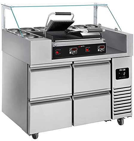 GGM Gastro | ZBF127DN#DKGJ542#2SBF | Zubereitungstisch - 1210mm - 4 Schubladen - für 9x GN 1/6 - inkl. Kontaktgrill