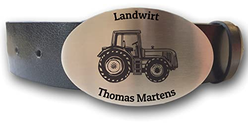 elbedruck Ledergürtel mit ovaler Gürtelschnalle Traktor und Wunschgravur personalisiert Dein Text Name Landwirt Bauer Trecker Gürtel Geschenk Bulldog (M (Länge 110 cm))
