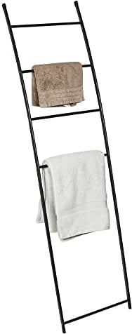 4-Tier Towel Ladder Rack Black Metal Towel Holder Wall Leaning Ladder Shelf for Blankets Scarves and Towels Bar Storage