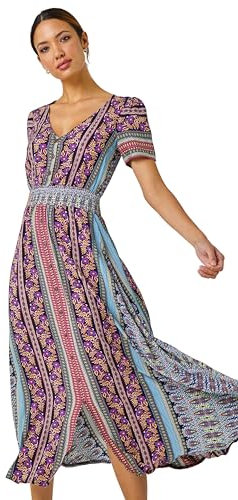 Roman Shirred Empire Waist Dress for Women UK Ladies Midi Maxi Summer Spring Tiered Frill Hem Short Sleeve V Neck Button Through Boho Bohemian Holiday Cruise Purple Pink