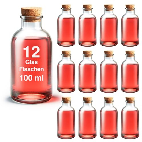 casavetro 12 x 100 ml kleine Glas-Flaschen 10 cm hoch, kleine Vase mit Korken Tisch-deko, Fläschchen für Hochzeit Set Gast-Geschenke