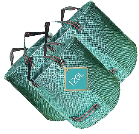 MARMODAY Lot de 3 sacs à déchets de jardin robustes et réutilisables de 120 litres, sacs poubelle de jardin, de cour, sacs de recyclage pliables pour déchets de feuilles, débris solides, poignées