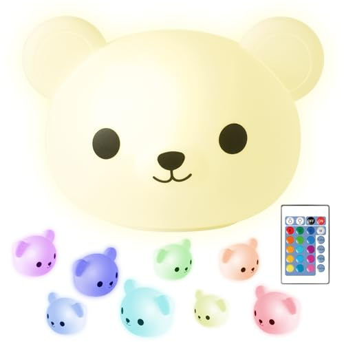 Teddy Lampe - Kinder-Nachtlicht - Kinderzimmer - USB-C Wiederaufladbar mit Fernbedienung - Mehrfarbiges und warmes Licht - Weiches Silkon - Regenbogen Licht Timer