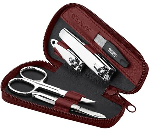 Marqus Manicure Set for Women and Men - 5-Pieces Grooming Kit - File and Tweezers from Solingen - Real Leather Case - Ideal for Travelling, red
