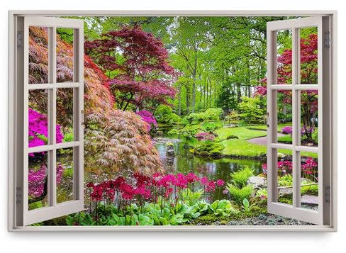 Wandbild 120x80cm Fensterbild Japanischer Garten Grün Natur Park Teich