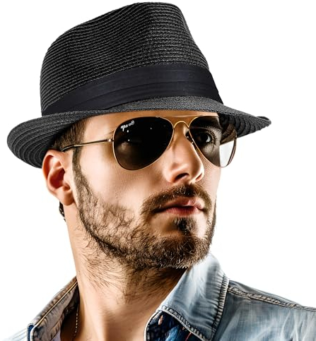 Chapeau Fedora en paille pour homme et femme - Pliable - Bord court - Chapeau de trilby - Chapeau de soleil Panama - UPF 50+, noir, Medium-Large