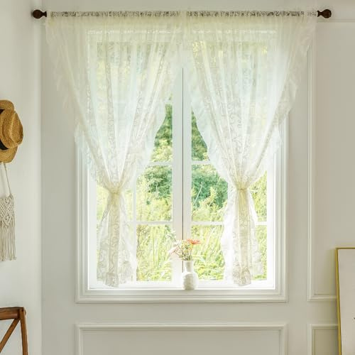 TUDECO Spitzenvorhänge, 114 cm Länge, durchscheinende Blumenvorhänge für kleines Fenster, viktorianisch, Privatsphäre, Stangentasche, Elfenbeinfarben, Spitzendekor, kurz, 2 Stoffbahnen, 150 x 114 cm