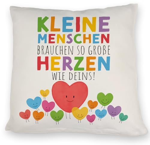 Herzen Kissen mit Spruch Große Herzen für kleine Menschen Buntes Abschiedsgeschenk für Kita und Kindergarten Danke Sagen an Kinder mit Herzen Kissen