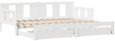vidaXL Tagesbett, Bettsofa Ausziehbar mit Schubladen, Gästebett ohne Matratze mit Lattenrost, Ausziehbett Schlafsofa, Weiß 90x200cm Massivholz Kiefer