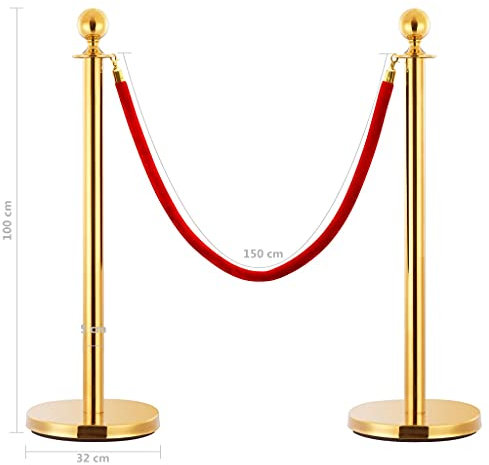 Vip Poteau de dépôt doré 3 pièces - Cordon rouge 150 cm - 6,5 kg par poteau - Poteaux de clôture pour mariage, restaurant et club
