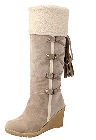 Stivali alti al ginocchio da donna con tacco – Stivali invernali con calda imbottitura, con zeppa sopra il ginocchio, stivali lunghi con nappe, eleganti da donna in pile, beige., 35