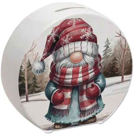 Wichtel mit rotem Schal Spardose - Niedliche Sparbüchse für Kinder und Sammler Aquarellmotiv roter Schal weiße Mütze mit Schneeflocken verschneite Landschaft