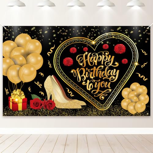 PartyYaa Geburtstag Banner, Happy Birthday Banner Deko, Extra Großes Geburtstag Party Fotoautomaten Hintergrund Dekoration Schild Poster für Männer und Frauen (Schwarz Gold & Rosa)