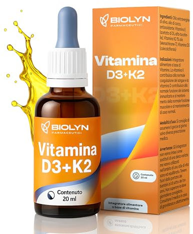 BIOLYN Vitamina D3 + K2 in Gocce | 1000 UI + 100 mcg MK-7 | Integratore per Ossa, Difese Immunitarie | Adatto Uomo, Donna & Bambini | 20 ml - Made in Italy