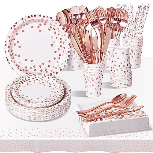 AIPartywar Party Tableware Set, Kids Birthday Party Plates Supplies 226 Piece Rosegold Paper Plates Set With Cups Napkins Straw Dinnerware for Babyshower Engagement Wedding - 25 Guests