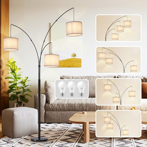 DLLT Moderne Stehlampe für Zimmer: 3-Light Tree dimmbare Stehlampen mit Grauen Schirmen für Wohnzimmer - Stehleuchte für Schlafzimmer - Hohe Bogenlampe für Büro Ecke Schwarz 3 LED Lampen enthalten