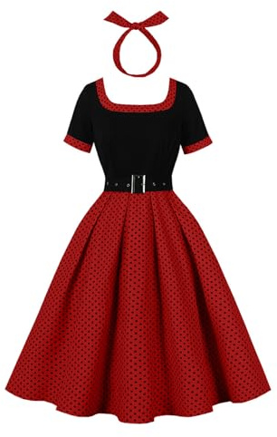 OMEWEE Damen 50er Jahre Kleider Polka Dots 1950er Vintage Retro Cocktailkleid Rockabilly Kleider Elegant Knielang Abendkleid A-Line Swing Faltenrock festliches Kleid Partykleid