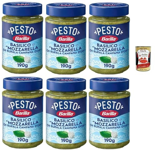 Italian Gourmet Pesto Basilico e Mozzarella di Bufala Campana DOP 6 x 190g | Salsa cremosa all'italiana; würzige Pastacreme für schnelle Gerichte, Gesamtnettogewicht 1,14 kg + Kostenlos Polpa 400g