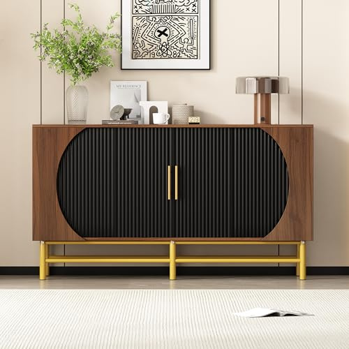 A ALFRESCOOL Buffets, Moderner Vier-Türen-Sideboard mit Vertikalen Streifen und Verstellbaren Ablageplatten, Einzigartig und Funktionsreich, Ideal für Wohnzimmer und Esszimmer (Nussbaum)