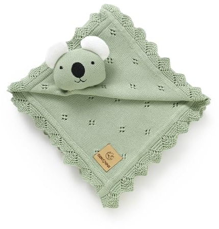 SIKAINI Babydecke mit angenähtem Schmusetier | 100 % Baumwollstrick | Nahtlose 80×100 cm Kuscheldecke | Kuscheltierkopf an Einer Ecke | GOTS- & Oeko-TEX-Zertifiziert Geburt