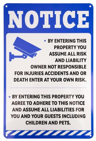 Schild „Keine Haftung für Unfälle Oder Verletzungen“, 30x20cm Aluminium-Warnschild mit Befestigungslöchern Eigentumshinweis Haftungsausschluss bei Sicherheitsfragen für Hof und Geschäft