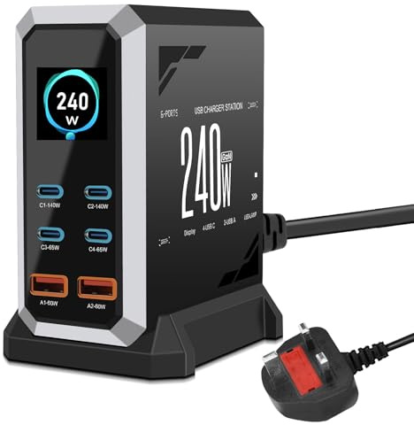 Wowfast 240W USB C Charger Block - 6 Port Multi Port USB C Fast Charging Station, GaN PD 140W 65W/QC 60W Laptop Charger Hub with LCD Display for MacBook, iPad, Galaxy, iPhone 17/16/15 Pro(Black)