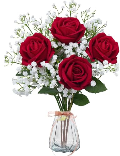 16 bouquet di fiori artificiali, 30 cm, con 4 rose artificiali, 12 fiori artificiali, rossi, fiori artificiali, fiori di seta, fiori artificiali, come veri per decorazioni per la casa, San Valentino