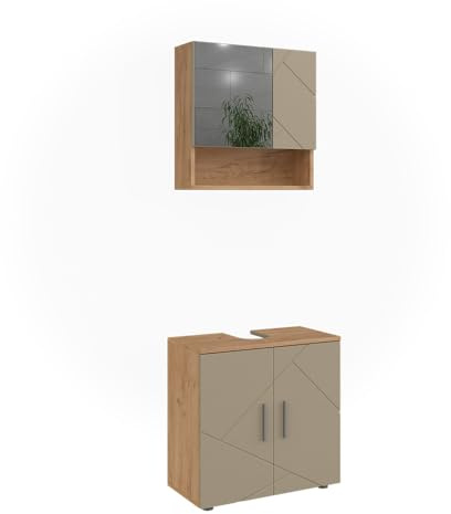 Vicco Badmöbel-Set Irma, Beige 60 cm | 2-teilig · Waschtischunterschrank · Spiegelschrank