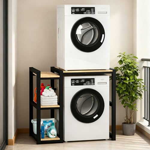 Meuble De Rangement Pour Machine À Laver À Tambour, Rangement Machine A Laver Avec Cadre Latéral, 3 Hauteurs Réglables, Capacité Charge 300kg Pour Buanderie Cuisine Balcon(Black)