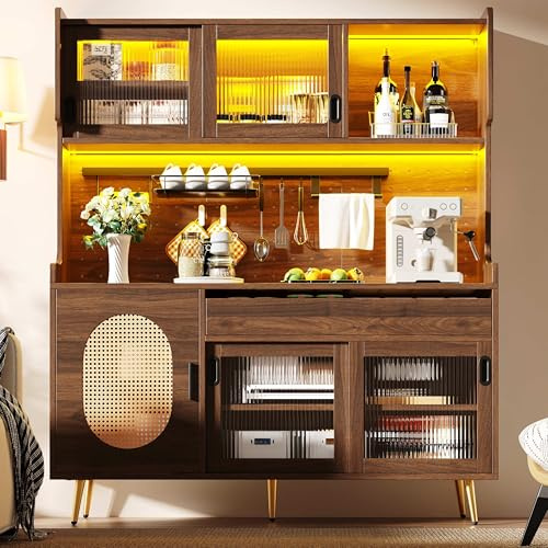 Lahoomu Seitenboard/Aufbewahrungsschrank/Küchenschrank/Buffetschrank, 145x39x171cm, 5 Türen, mit LED-Lichtleiste & Ordnungslockplatte, Fluted Glas Türen, Braun