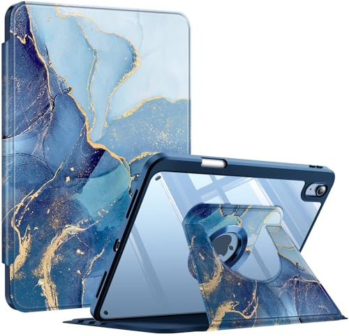 Fintie Rotierende Hülle für iPad (A16) 11./10. Generation 2025/2022 | 360 Grad Drehbare Schutzhülle Case mit Stifthalter, Transparente Acryl-Rückseite, Stoßfester Rahmen, Marmor Blau