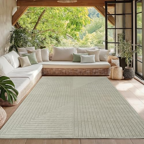 HomebyHome Kurzflor Teppich 160x230 cm Grün Wohnzimmer, Schlafzimmer, Küche, 3D Hoch-Tief-Effekt, Skandinavisch Boho Motiv, für Outdoor Bereich geeignet Terrassen oder im Balkon