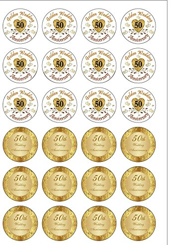 24 Precut Golden Wedding Anniversary 50 Years Celebration Edible Wafer Paper Cake Toppers Decorations