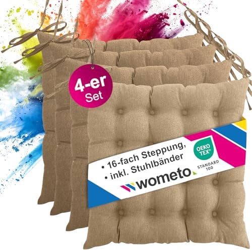 wometo 4er Set Sitzkissen Stuhl oekoTex 40x40 - beige Sitzauflage Auflage Polster Stuhlkissen Sitzpolster mit Bändern