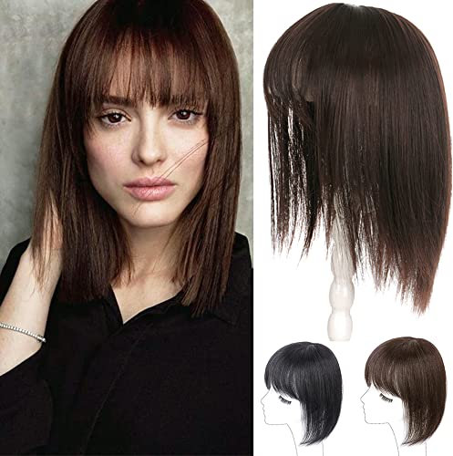EREE HAIR Echthaar-Haarteil Mit Pony, 12 x 12 cm, Glatte Silikonbasis, Clip-in-Krone für Frauen Mit Dünner Werdendem Haar, 30,5 cm, Dunkelbraun