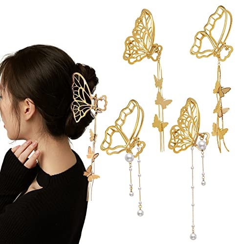 DonLeeving 4-Pack Metal Big Gold Butterfly Hair Clips Clamp Tassel Nonslip Claw Accessories for Women Girls Thinner Thick Styling Fashion Supplies