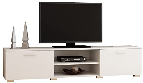 MATKAM Commode TV Roma, H35 x L150 x P40 cm, Une étagère Ouverte au Centre, des étagères à Gauche et à Droite avec Portes (Blanc)