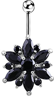 Beydodo Bauchnabelpiercing aus Chirurgenstahl, Bauchnabelring Blume mit Schwarz Zirkonia Körperpiercing Ring Bauchnabel Silber