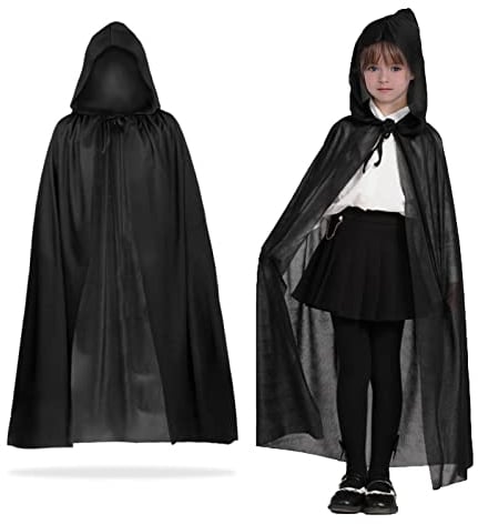 MIVAIUN Black Cape Halloween Hooded Cape Witch Cosplay Accessories Adult/Kids Halloween Fancy Dress Costume, Adult cape, Cloak for Halloween Party Fancy Dress, Masquerade, Family Party (Black,90cm)
