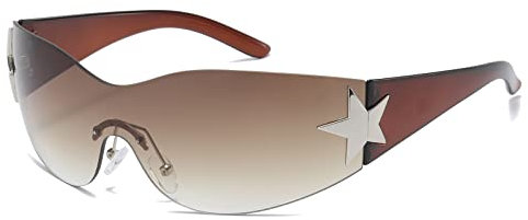 Long Keeper Trend Y2k Wrap Around Sonnenbrille für Damen Herren, Vintage Randlose Sonnenbrille Damen Groß mit Stern UV Schutz Mode Retro Rave Brille