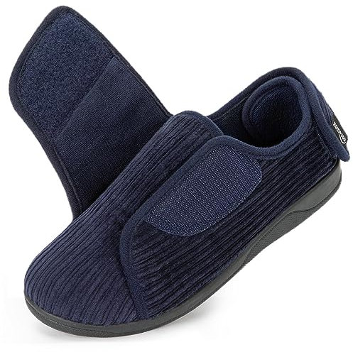 HomeTop Femme Talon Fermé Diabétique Chaussons Cordon Ajustable Largeur Crochet et Boucle Mousse à Mémoire Pantoufles Bleu galaxie foncé, 39 EU