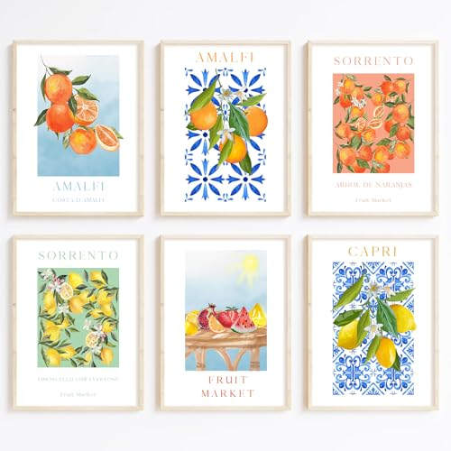 Obst-Wandkunst, Küchenkunst, Wanddekoration, Obstdrucke, bunte Zitrone, Leinwand, Wandkunst, Vintage-Bilder, Obstmarkt-Poster, Zitronen-Orange, Drucke, 6er-Set, für Zimmer, Schlafzimmer, 30,5 x 40,6