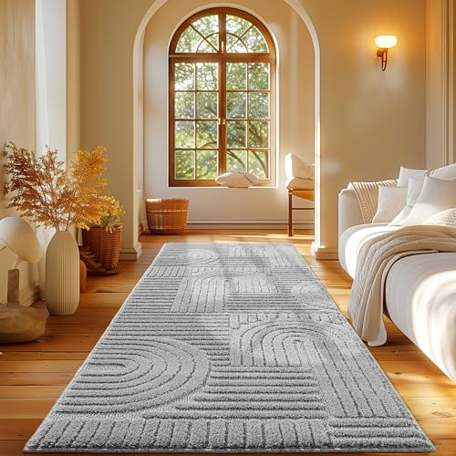 Carpetsale24 Teppich Läufer 80x250 cm Grau, Hochflor Wohnzimmer Teppich, Weich & Flauschig, Skandinavisch Boho Stil, Langflor Shaggy, Pflegeleicht, Jute Rückseite