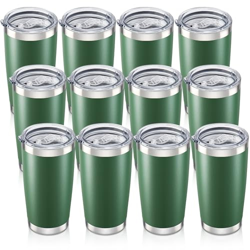 20 oz Tumbler with Lid Stainless Steel Insulated Tumblers Bulk Cups Mug | Double Wall Vacuum, Powder Coated, Keep Drinks Cold and Hot, Waterproof Lid, Fit of Car Cup Holders, Drak Green, 12 Pack