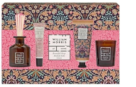 William Morris At Home, Difusor de edición de cabecera de 60 ml, vela votiva de 70 g, crema de manos de 50 ml y bálsamo labial de vitamina E de 10 ml, tamaño de viaje y apto para veganos, regalo de