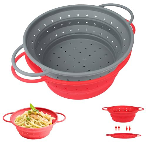 LUHOCIY 2 Pezzi Scolapasta Pieghevole, Scolapasta Silicone, Scolapasta Salvaspazio Silicone, Cestello Scolapasta per Scolare Pasta, Verdura, Frutta e Fagioli (Grigio + Rosso)