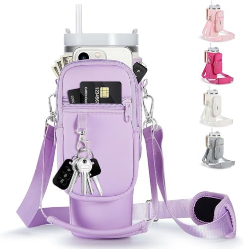 Insulated Neoprene Water Bottle Carrier Bag with Phone Pocket for Stanley Cup 40/30oz – Crossbody Holder with Adjustable Shoulder & Handheld Strap, Stanley Cup Accessories (Orchid)