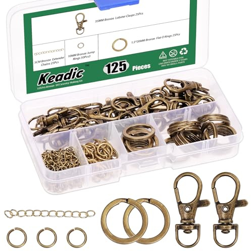Keadic 125 Stück Schlüsselanhänger Herstellung Kit Enthält Schwenkverschlüsse, Schlüsselanhänger, Open Jump Ringe, Kettenverlängerer und Schmuckzangen für Halskette Armband (Bronze)